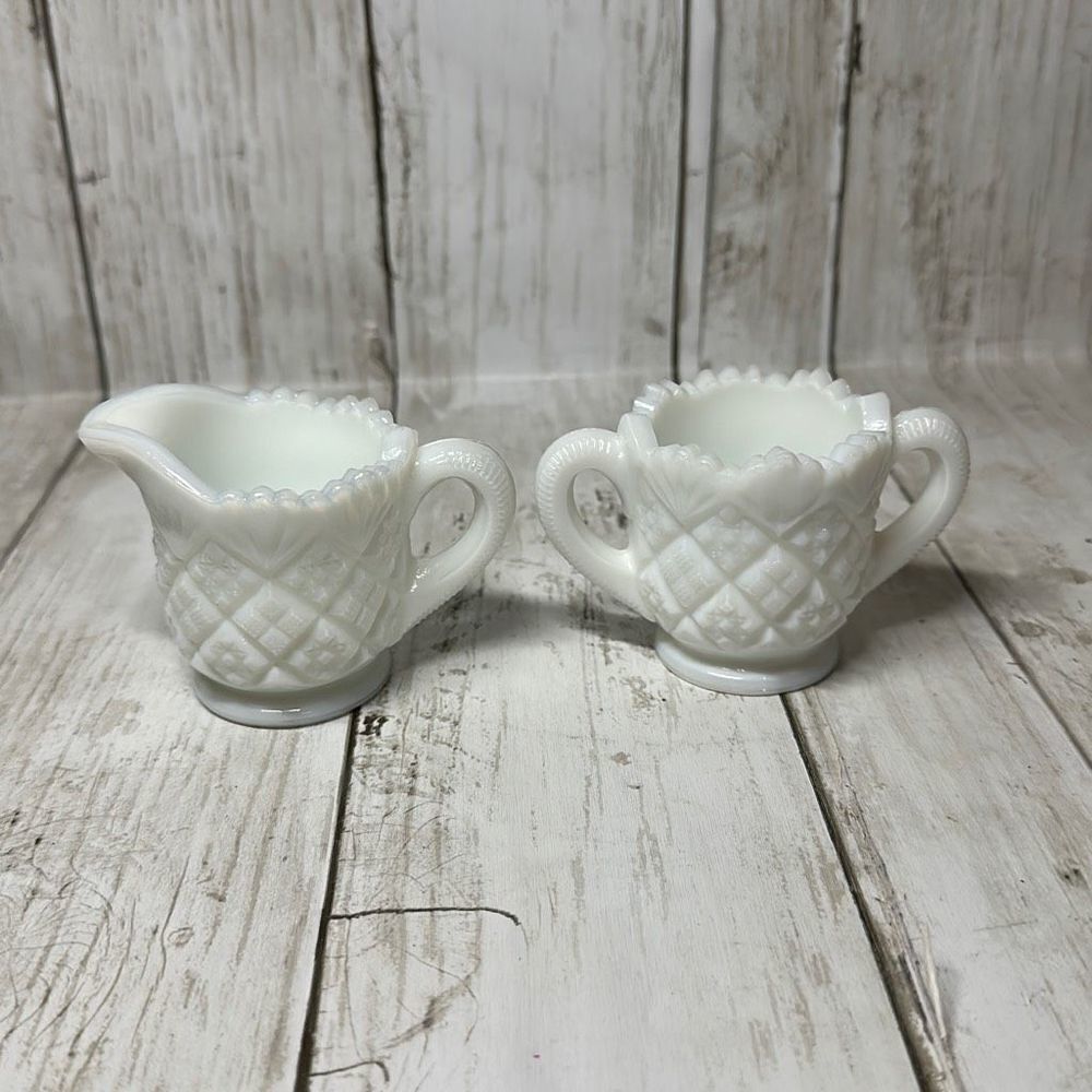 Diamond Quilt Pattern Milk Glass Mini Cream and Sugar Westmoreland‎
